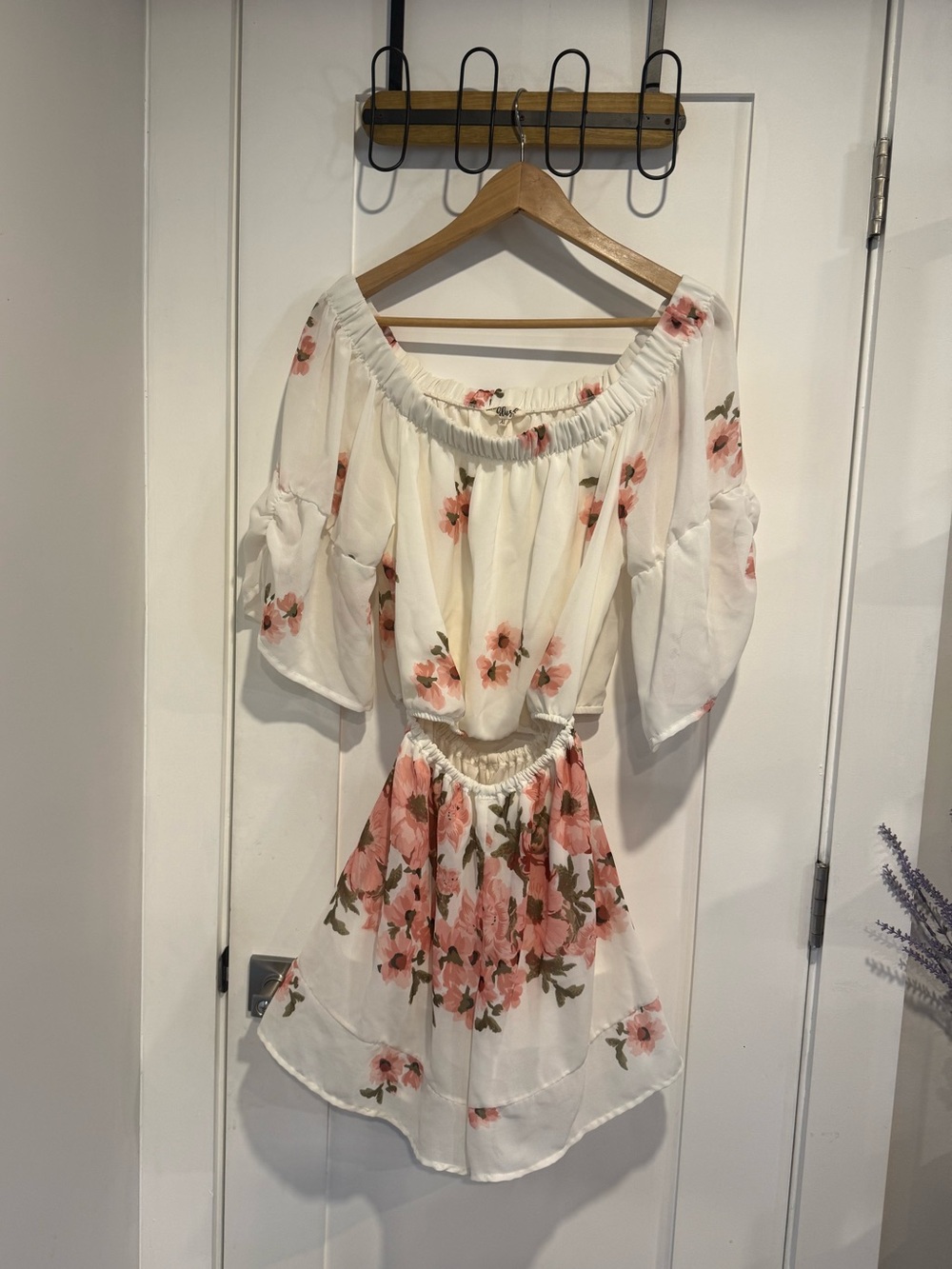Blush White Floral Off-Shoulder Tunic with Pink Roses